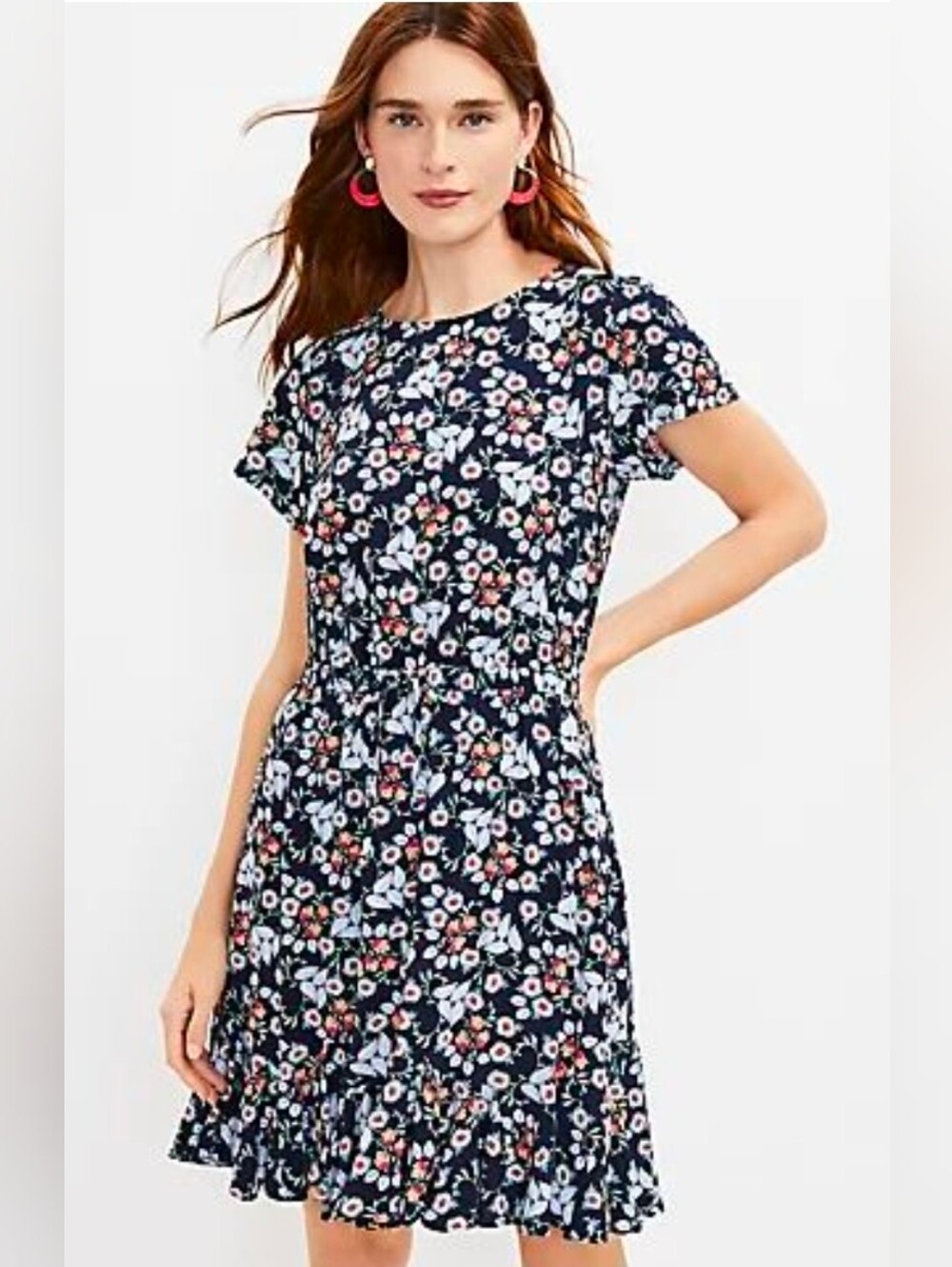 NWT LOFT Navy Multi-Color Floral Tie-Waist Mini Dress Size Large